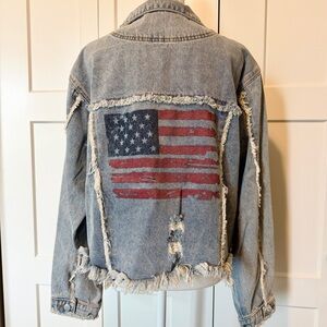 NWOT American Flag Jean Jacket Long Sleeve 100% Cotton Distressed Frayed Denim